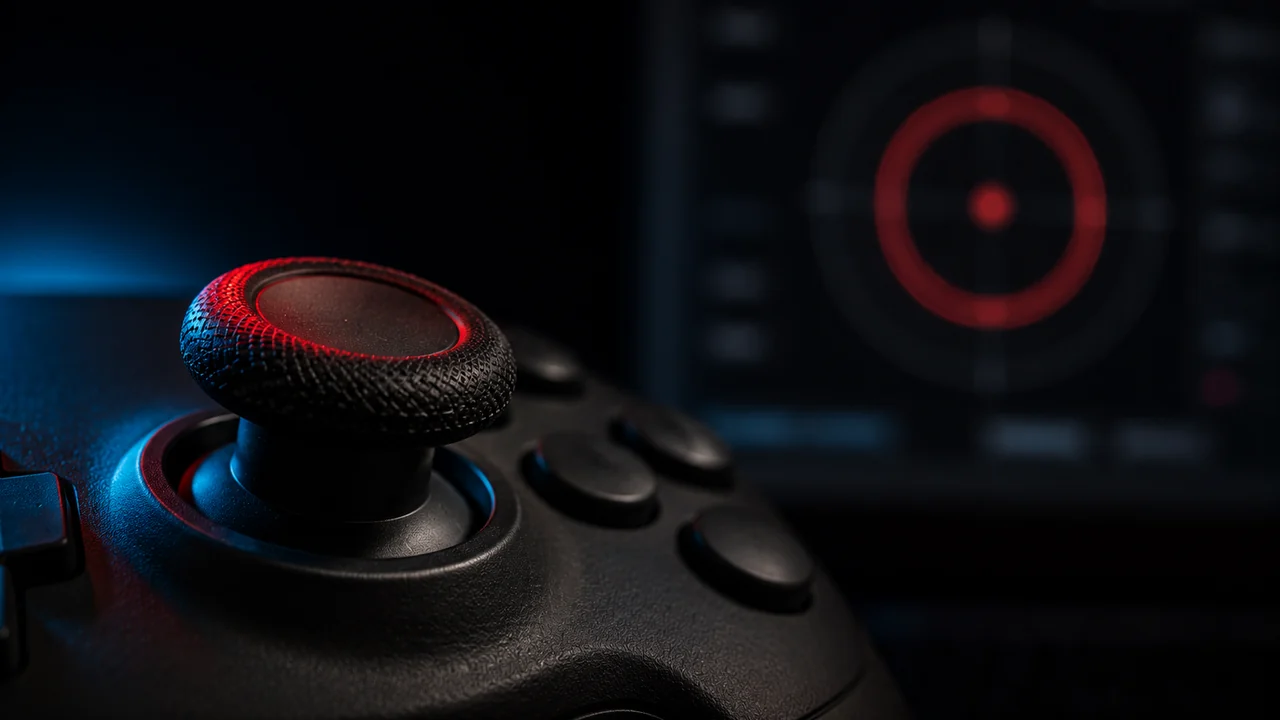 Close-up of a controller's analog stick at rest, with a red radial deadzone target on the monitor behind it