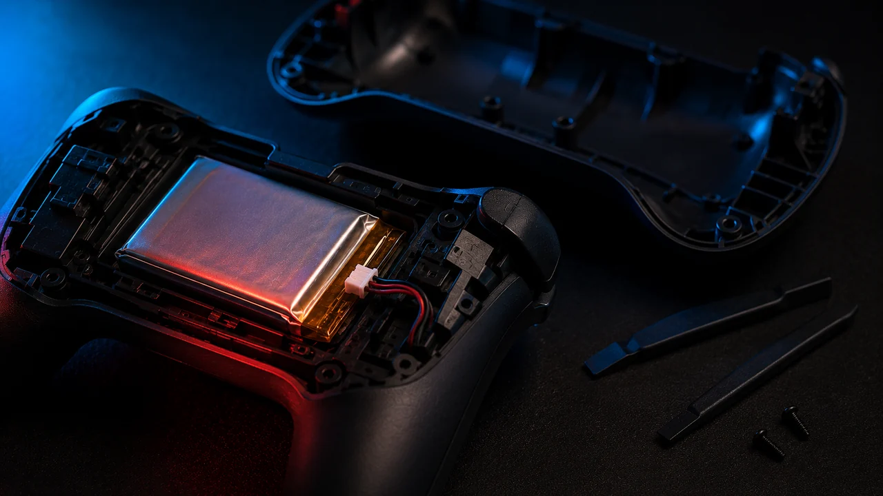A game controller opened from the back on a dark bench, its lithium battery pack and ribbon connector exposed beside two plastic spudgers