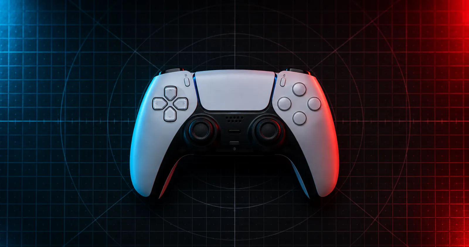 Mando DualSense blanco de PS5 centrado sobre una rejilla de medición iluminada en azul y rojo