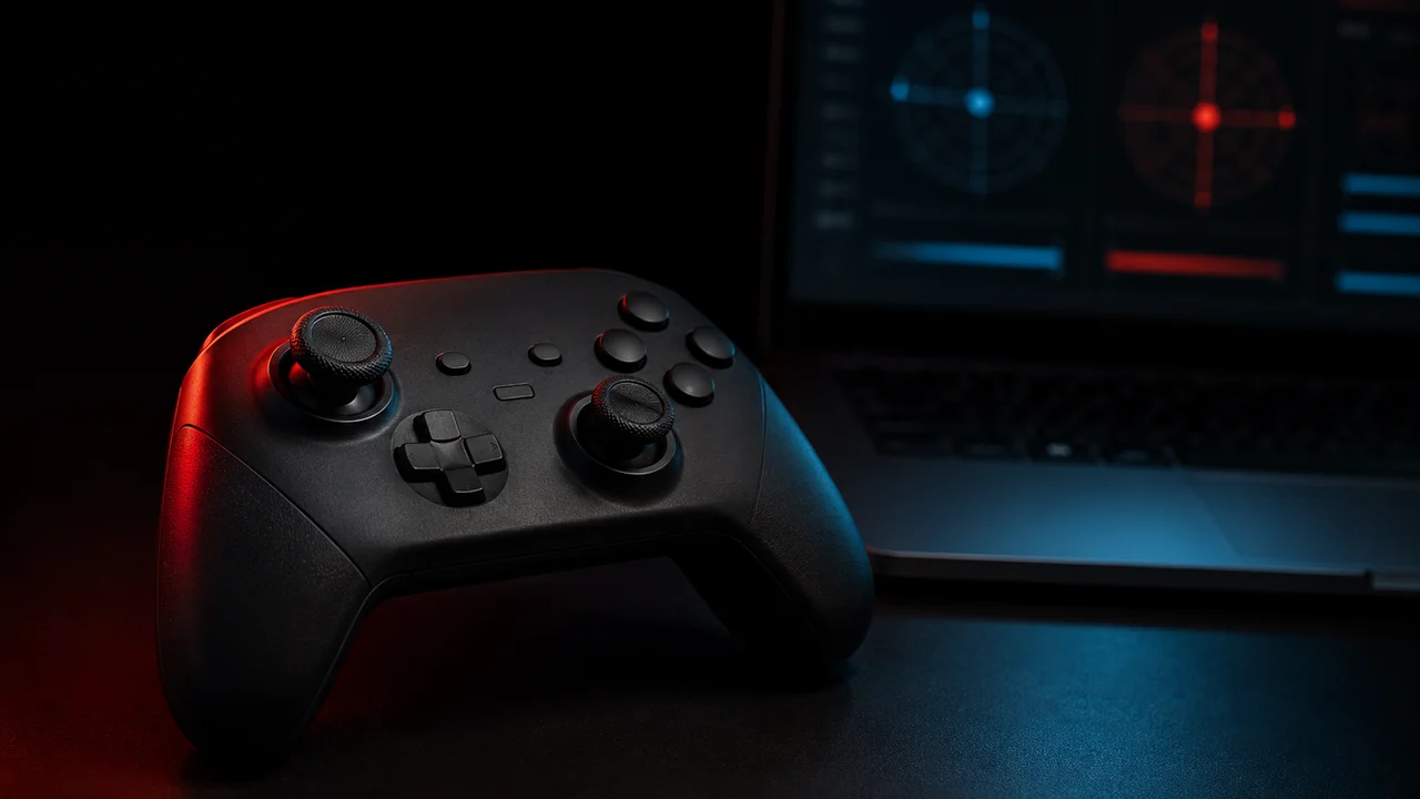 A game controller resting on a desk beside the JoyCheck calibration readout, showing live X and Y axis values near center
