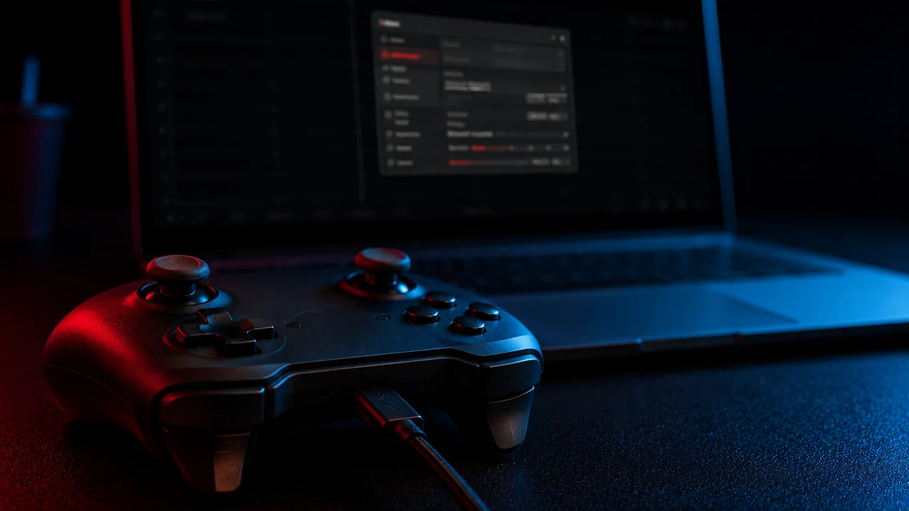A game controller connected by USB to a laptop showing a dark device properties panel with one controller entry highlighted in red