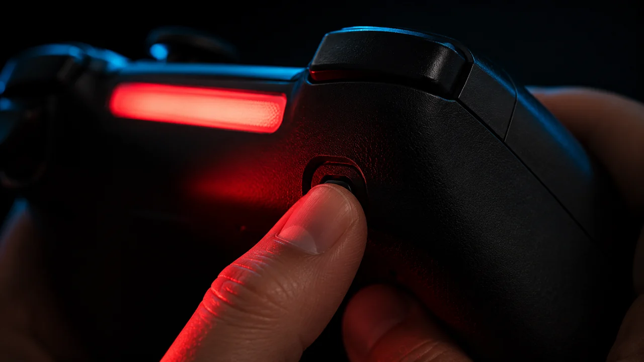 A finger pressing and holding the small pairing button on the back of a wireless controller while its light bar glows red