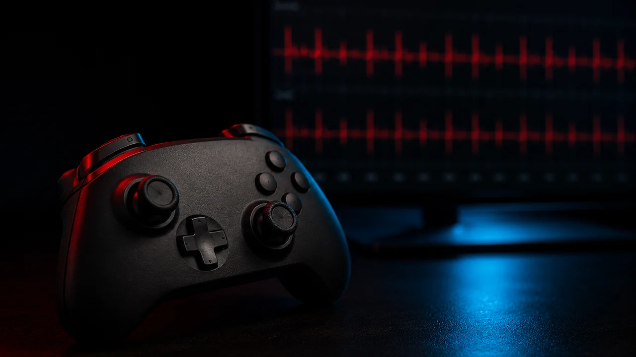 A game controller beside the JoyCheck readout during a controller polling rate test