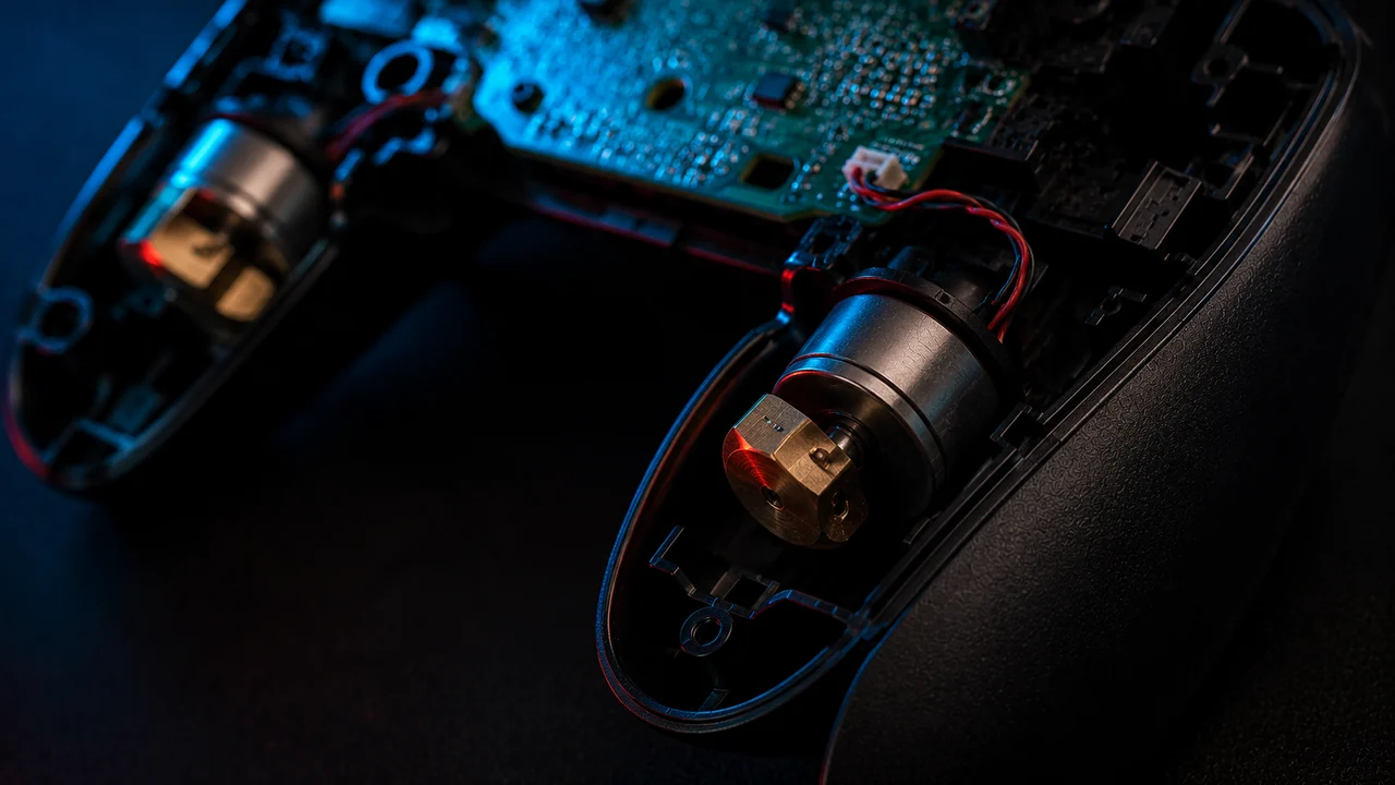 Macro view inside an opened game controller showing both cylindrical rumble motors and their off-centre brass weights