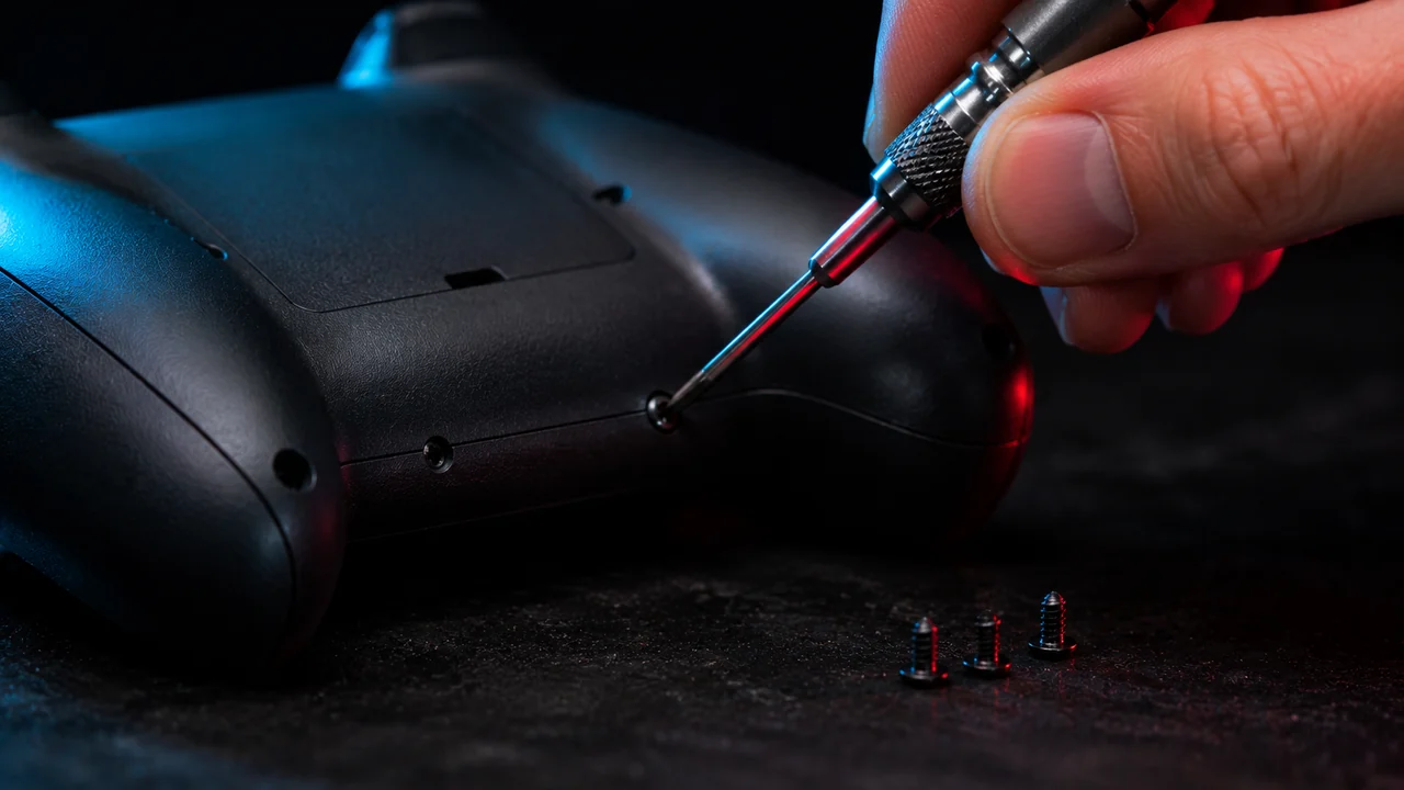 A precision screwdriver removing a screw from the back of a game controller, three screws already set aside on the bench