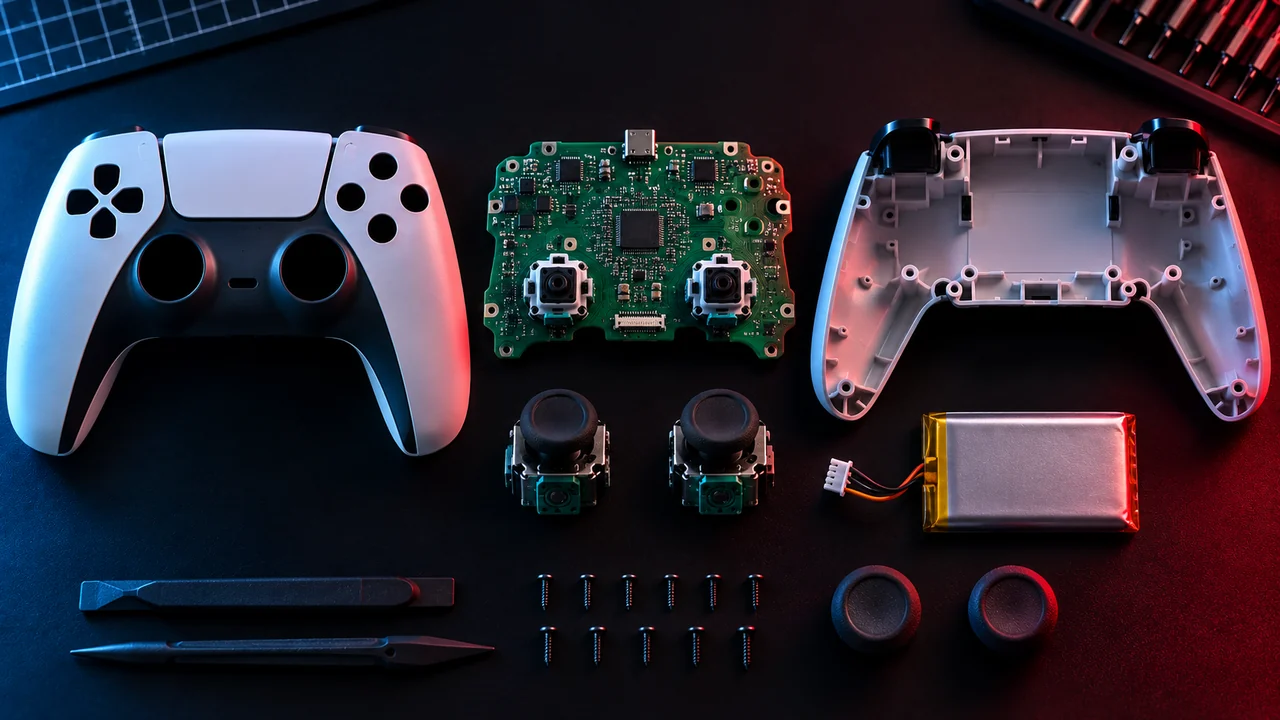 Overhead flat-lay of a fully disassembled white game controller: front shell, circuit board, rear shell, battery pack, two analog stick modules and a row of screws