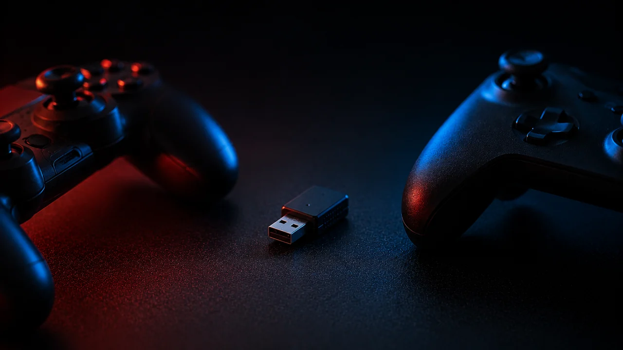 A small USB adapter dongle on a dark desk between two differently shaped game controllers, one lit red and one lit blue