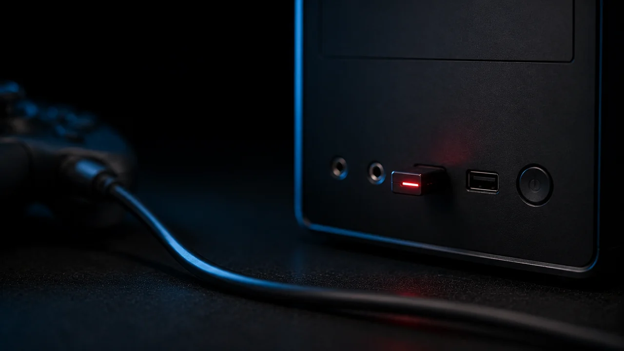 A controller's USB cable connected to a desktop PC front-panel port, the port lit red during a wired firmware update