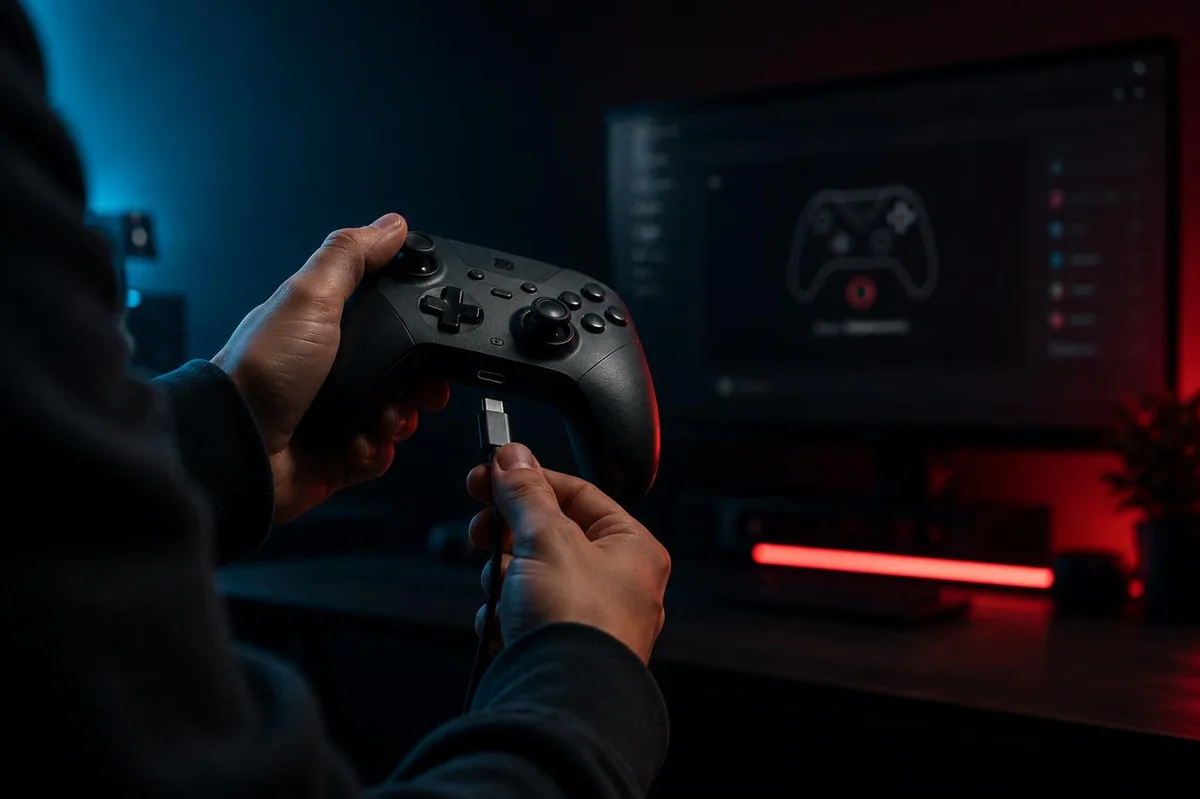 Two hands connecting a USB-C cable to a game controller in a dark room, with a gamepad diagnostic on the monitor behind
