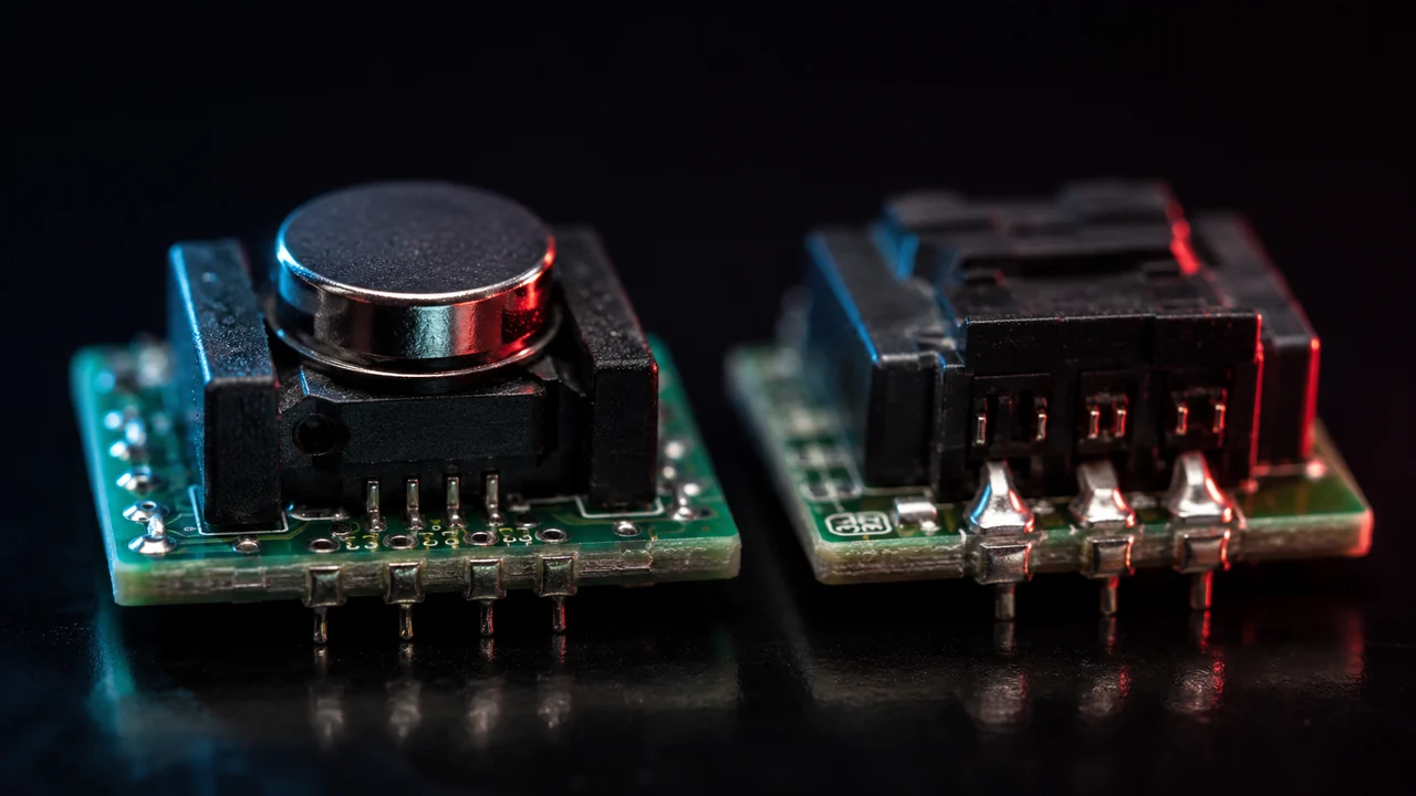 Extreme macro of two analog stick sensor modules side by side on a circuit board, one topped with a magnetic disc and one with exposed contacts