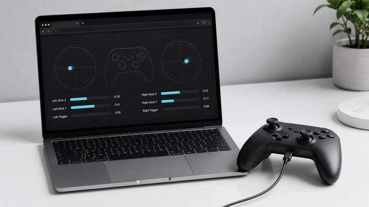 Un mando conectado por cable a un portátil que ejecuta JoyCheck