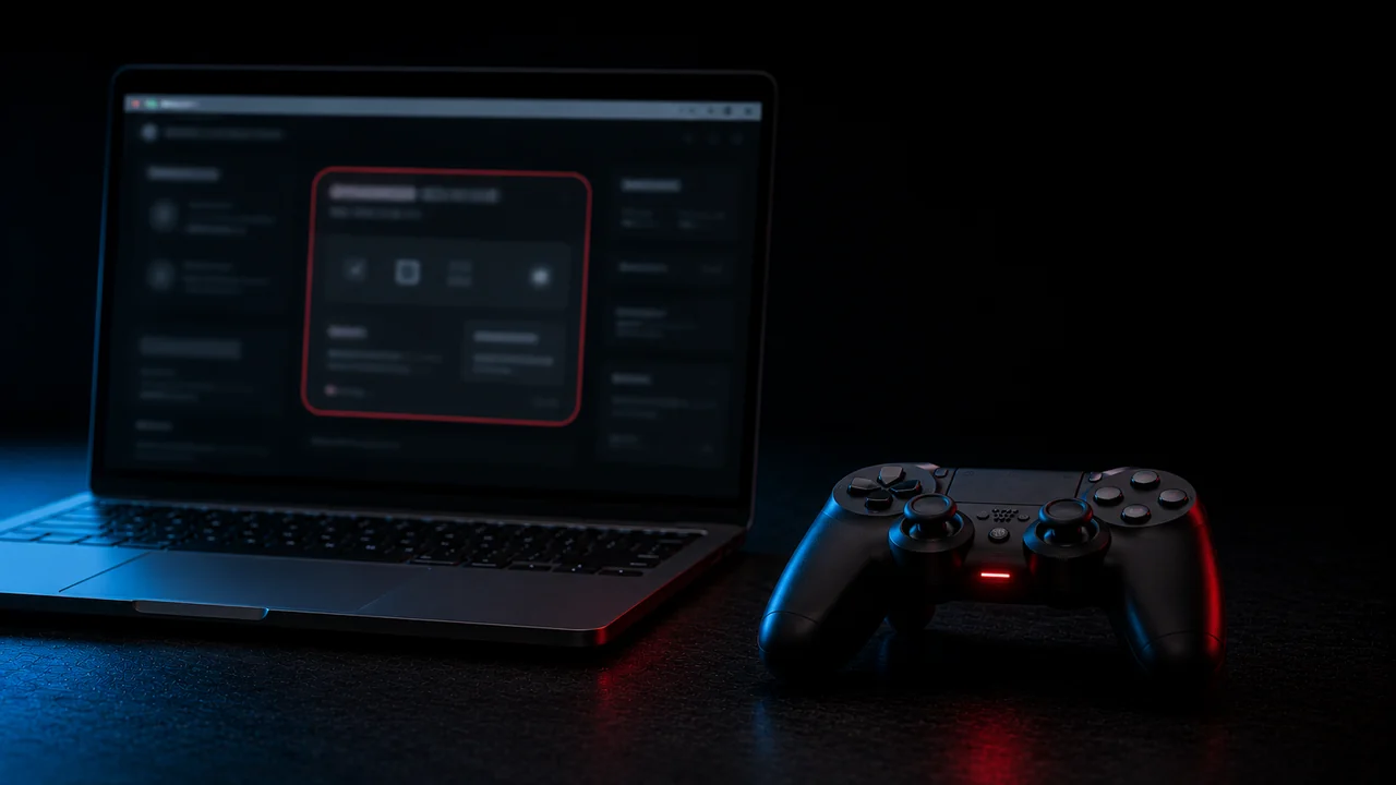 A laptop showing a web page with a JoyCheck tester panel embedded inside it, outlined in red, beside a game controller on a dark desk