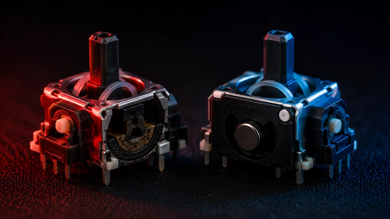 Two analog stick modules side by side, the red-lit one showing a worn potentiometer track and the blue-lit one a sealed magnetic sensor