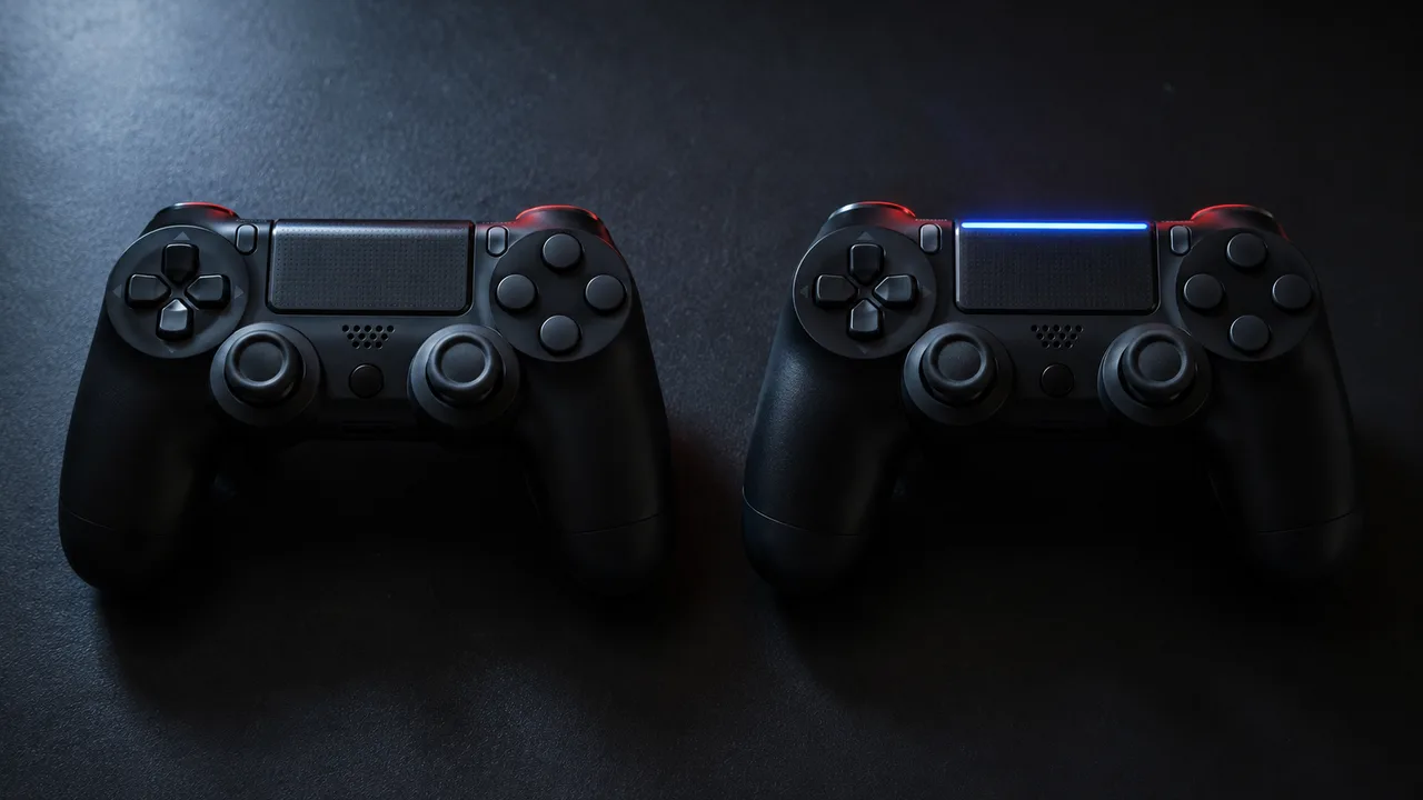 Dois controles de PS4 lado a lado sobre uma superfície escura: no CUH-ZCT2 a barra de luz aparece por uma fresta acima do touchpad, no CUH-ZCT1 ela não é visível de frente