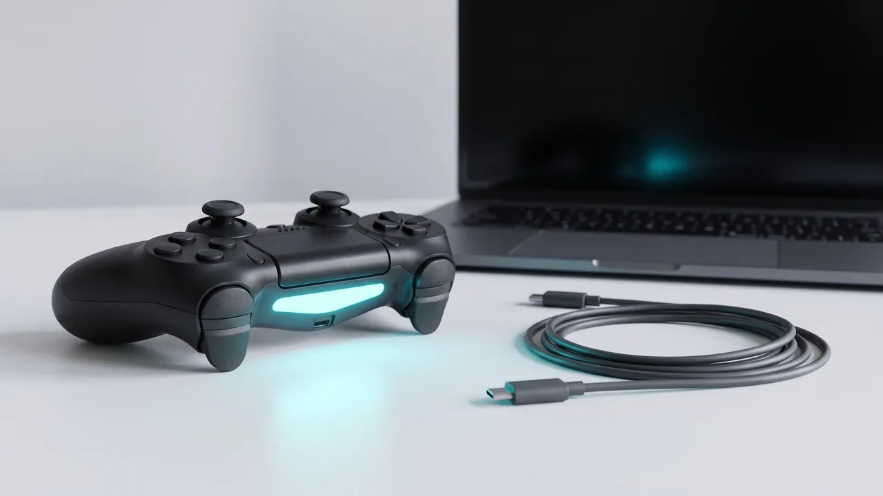 Açık renkli bir masada duran siyah kablosuz kumanda; ışık çubuğu turkuaz renkte yanıyor, yanında USB-C kablosu ve arkada bir dizüstü bilgisayar var