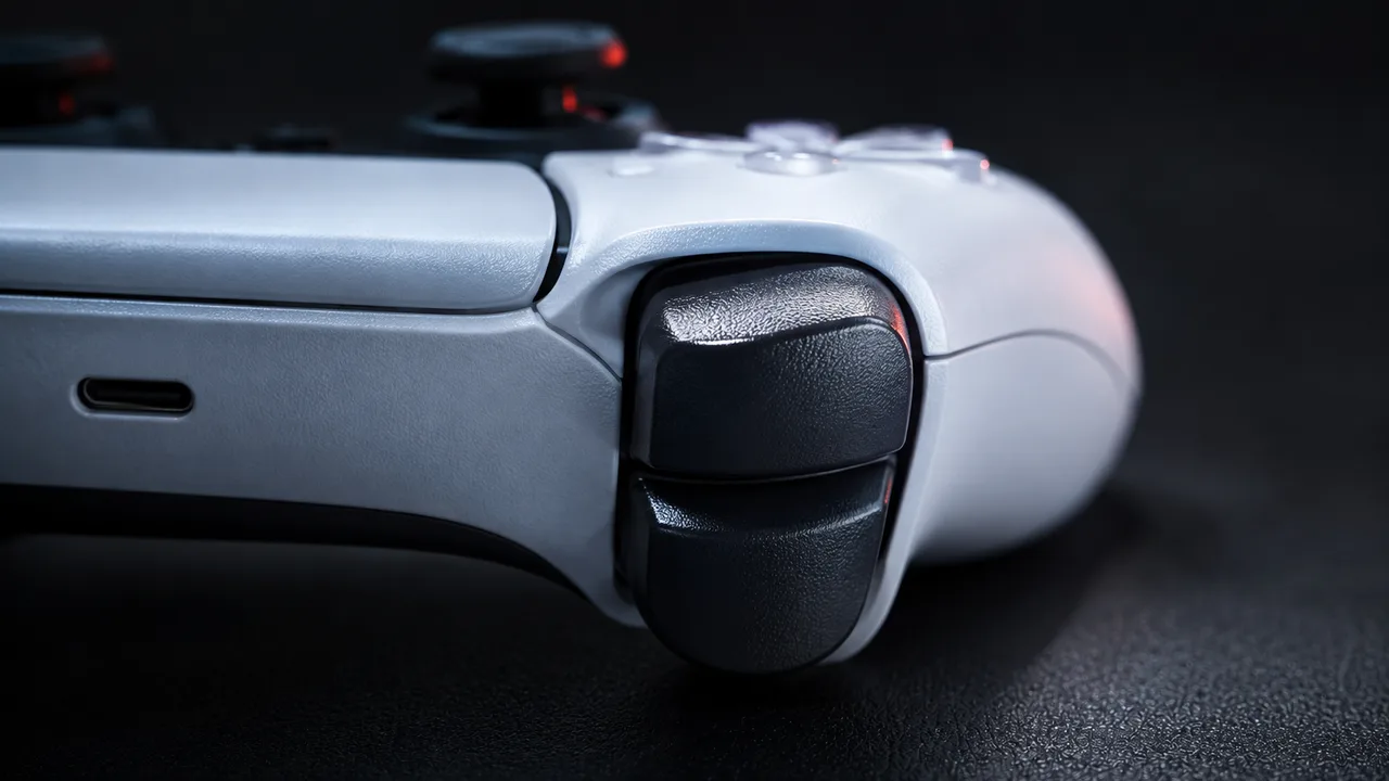 A white PS5 DualSense controller photographed close up from the side, with the L2 and R2 adaptive triggers filling the frame