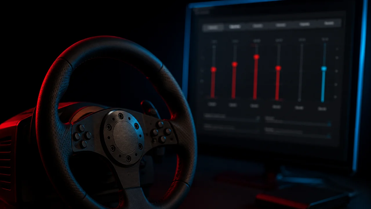 A racing sim wheel on a desk in front of a monitor showing a dark force-feedback settings panel with vertical strength sliders