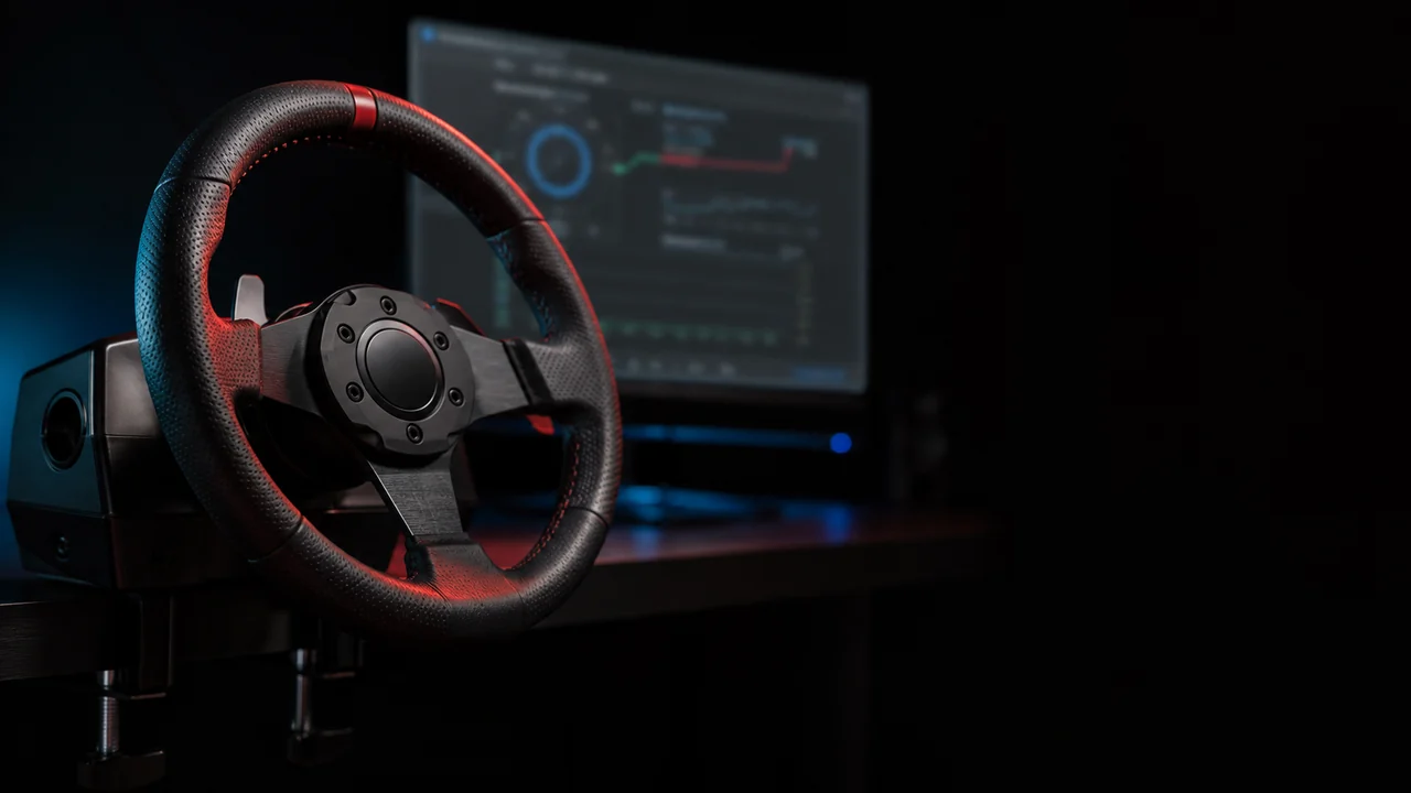 A racing wheel resting on a desk during a browser steering wheel test