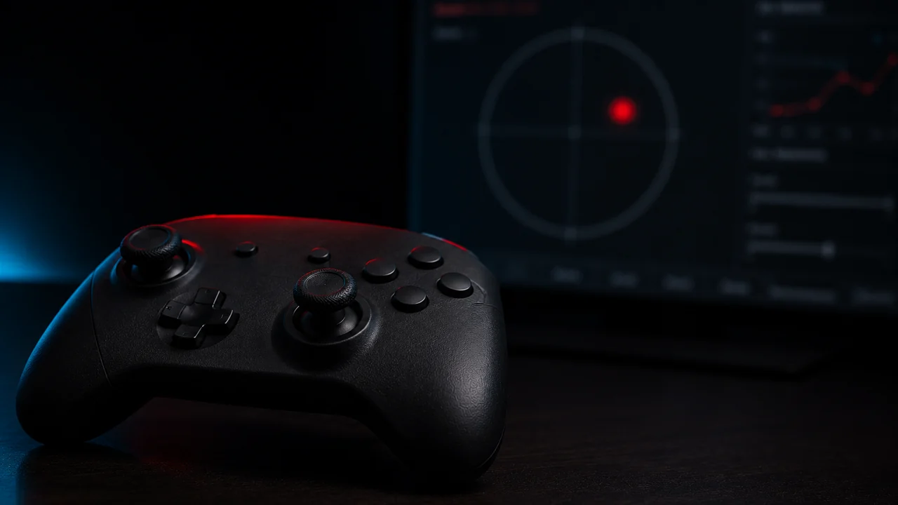 A game controller resting on a desk beside the JoyCheck readout, showing live X and Y stick values during a stick drift test