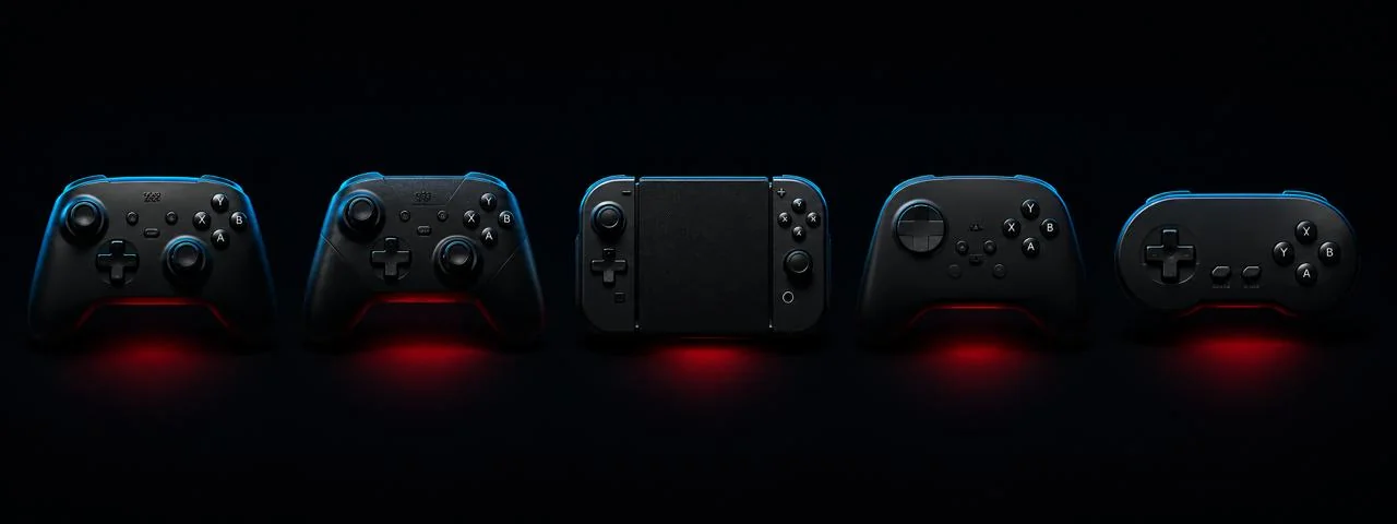 Lineup of supported gamepads: PS5 DualSense, Xbox Series X, Switch Pro, 8BitDo
