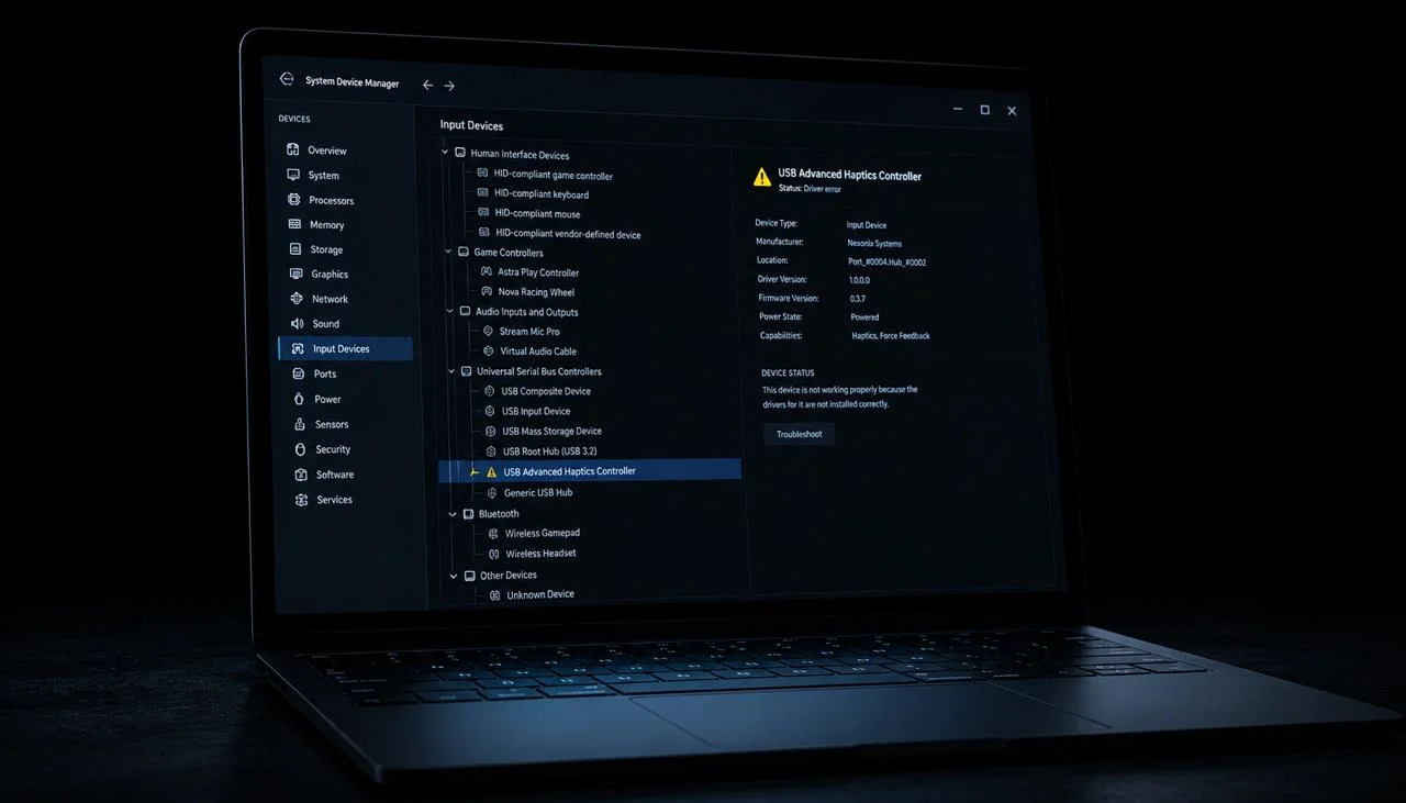 Windows Device Manager showing USB Advanced Haptics Controller with driver error, Generic HID controller fix guide