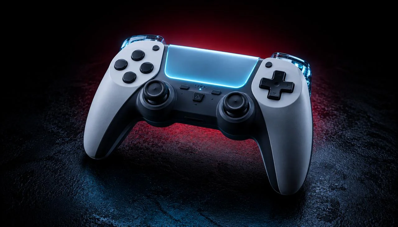 PlayStation 5 DualSense controller with blue touchpad glow on dark background, DualSense troubleshooting guide