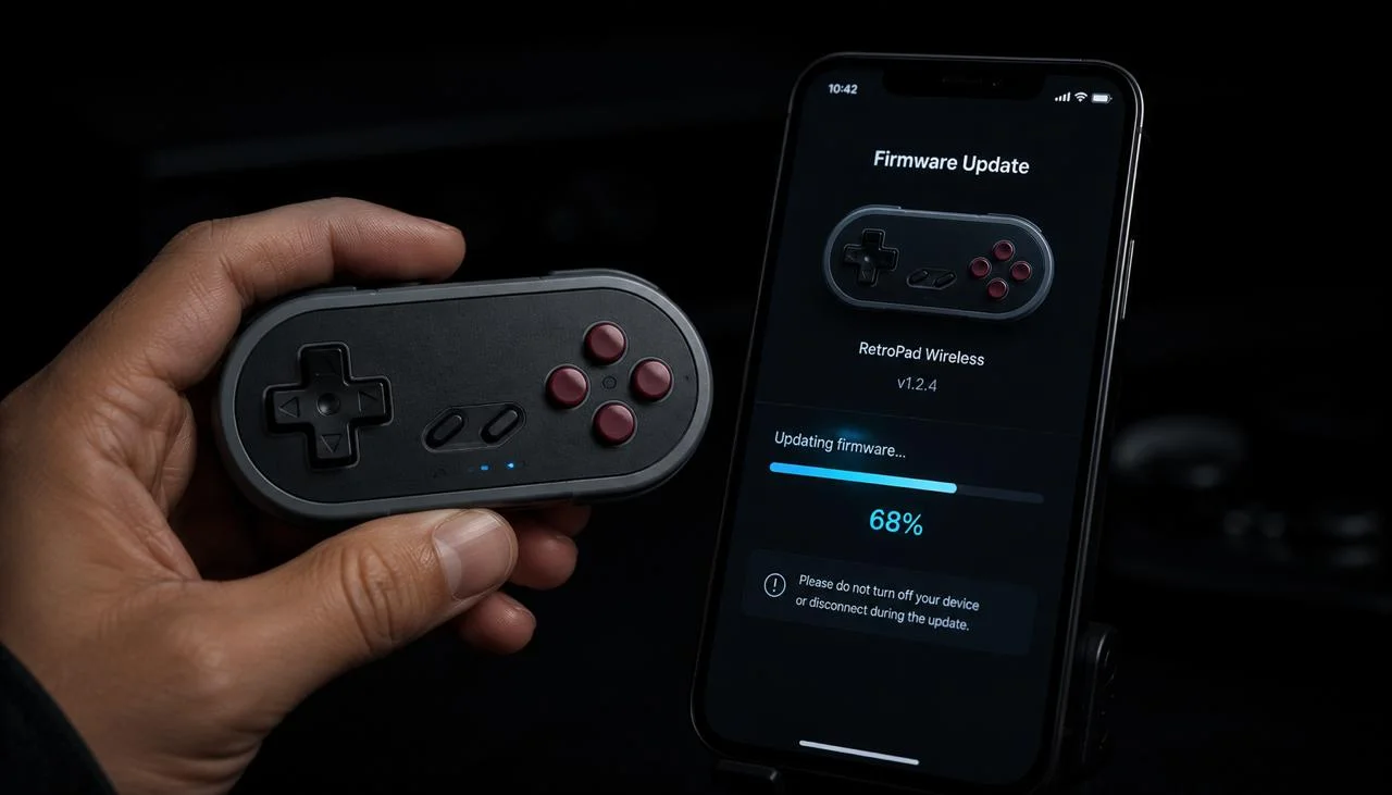 Hand holding 8BitDo RetroPad wireless controller next to phone showing firmware update at 68%, 8BitDo firmware guide
