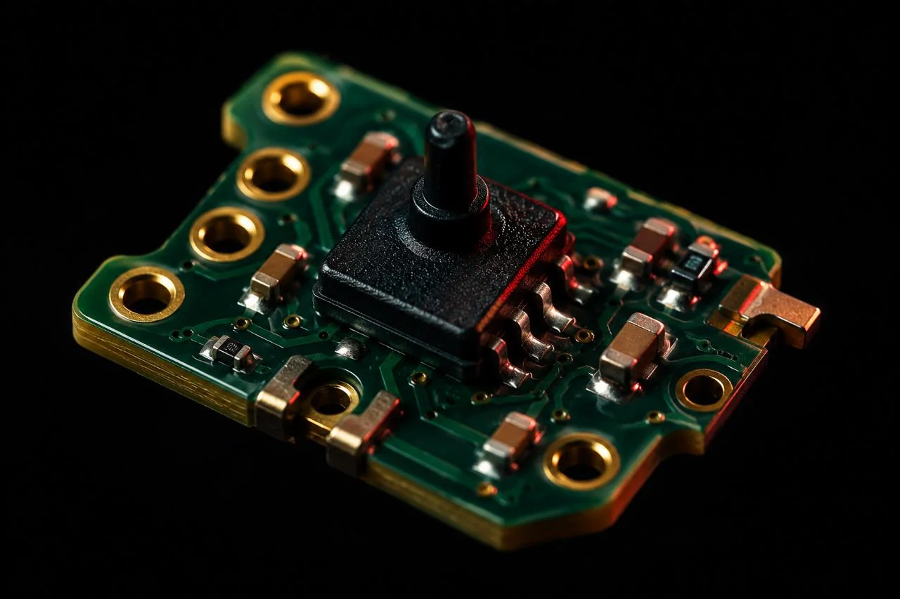 Close-up of a worn potentiometer-based analog stick module seated on a gamepad PCB