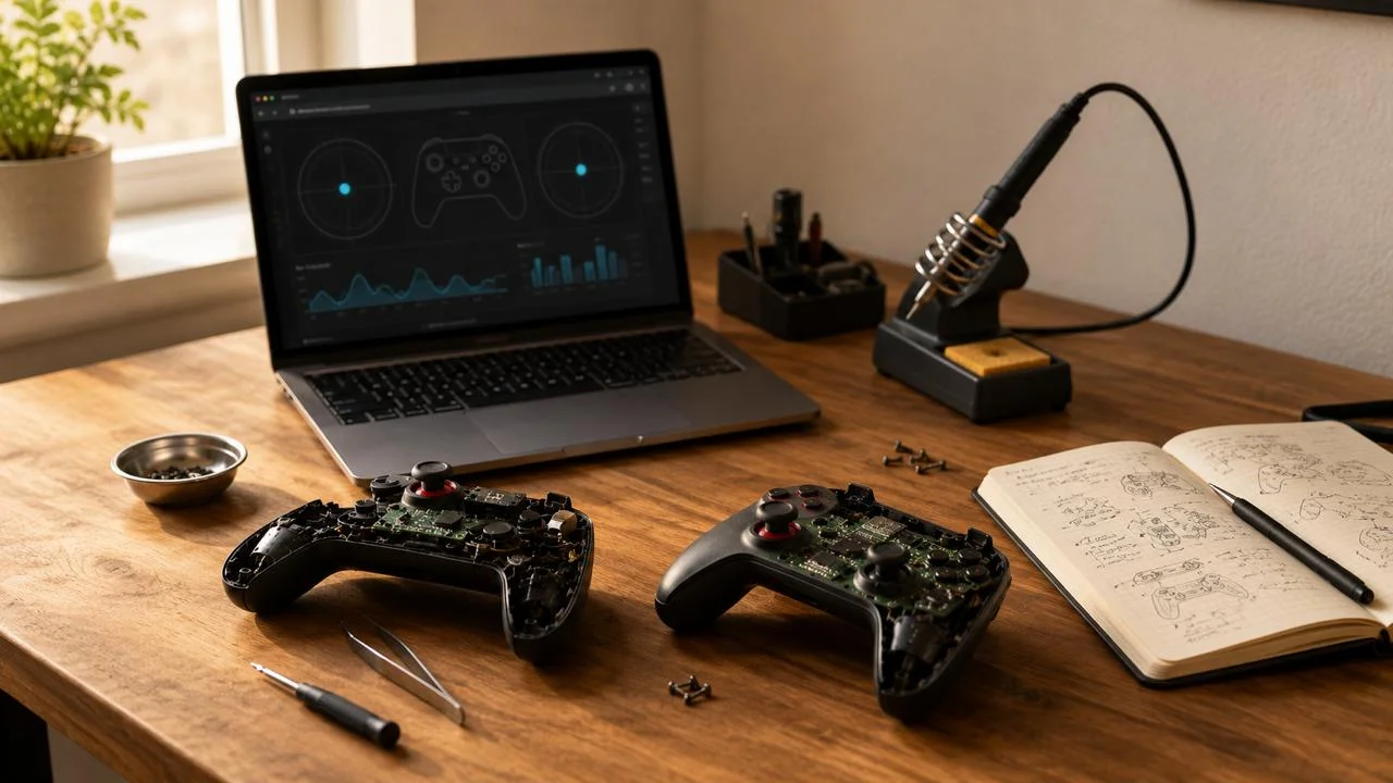 Controller repair workbench with disassembled gamepads, JoyCheck tester on laptop, soldering iron and engineering notes