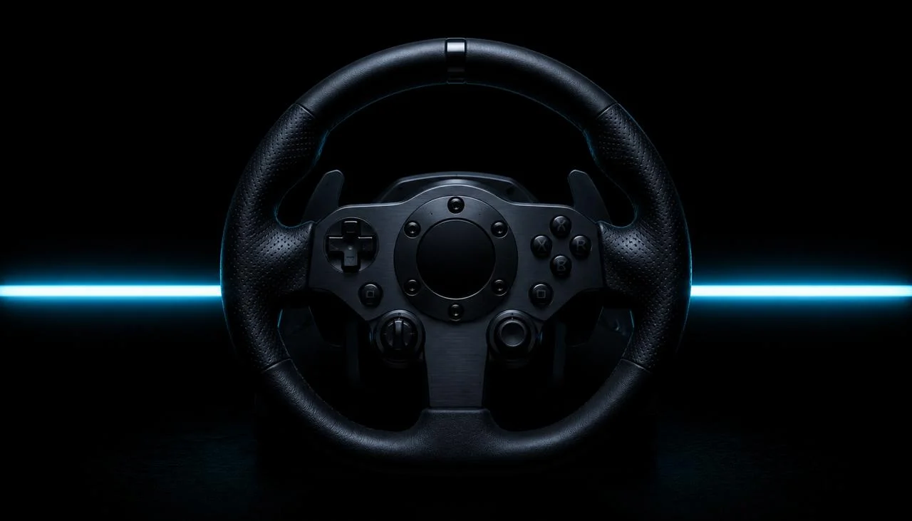 Logitech racing wheel with cyan LED accent on dark background, Logitech G29 G920 G923 setup guide