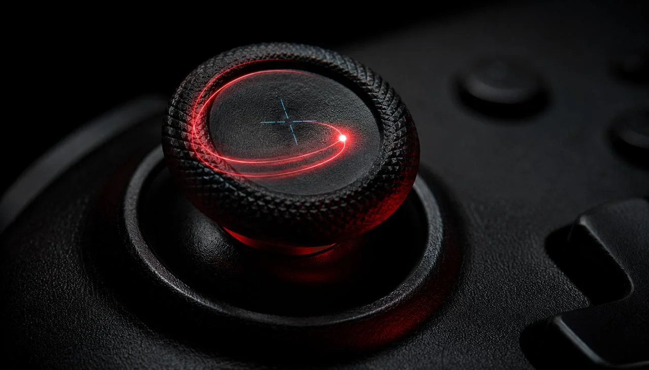 Analog stick with red light-trail orbit visualising circular stick drift pattern on a gamepad